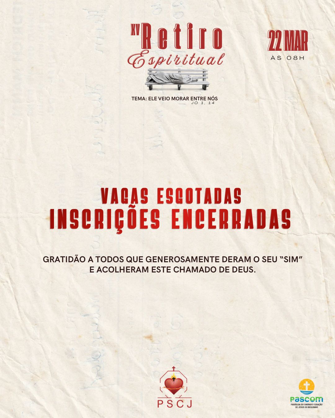 Vagas esgotadas – Inscrições encerradas para o XV Retiro Espiritual SCJ